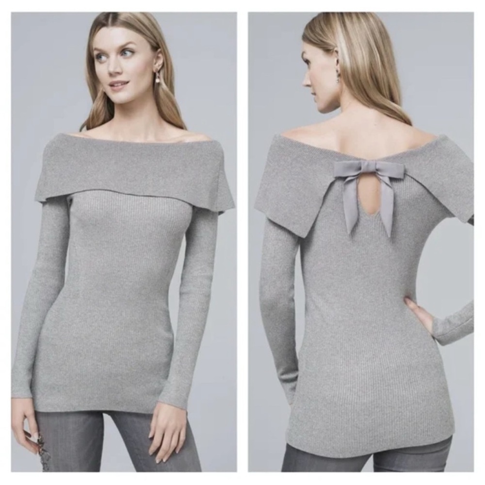 White House Black Market Gray Off-Shoulder Sweater with Bow Long Shimmer Small